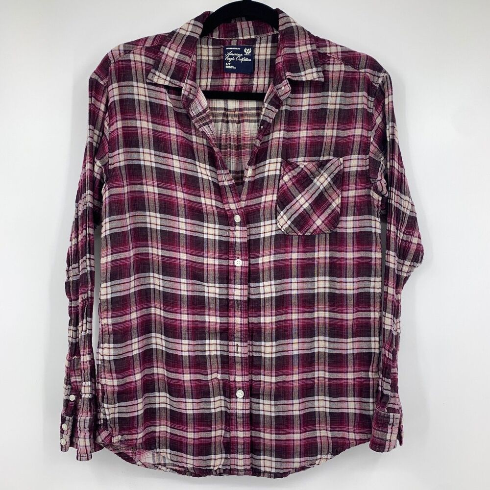 American Eagle Womens Small Boyfriend Fit Button Up Shirt Plaid Camp Granola
